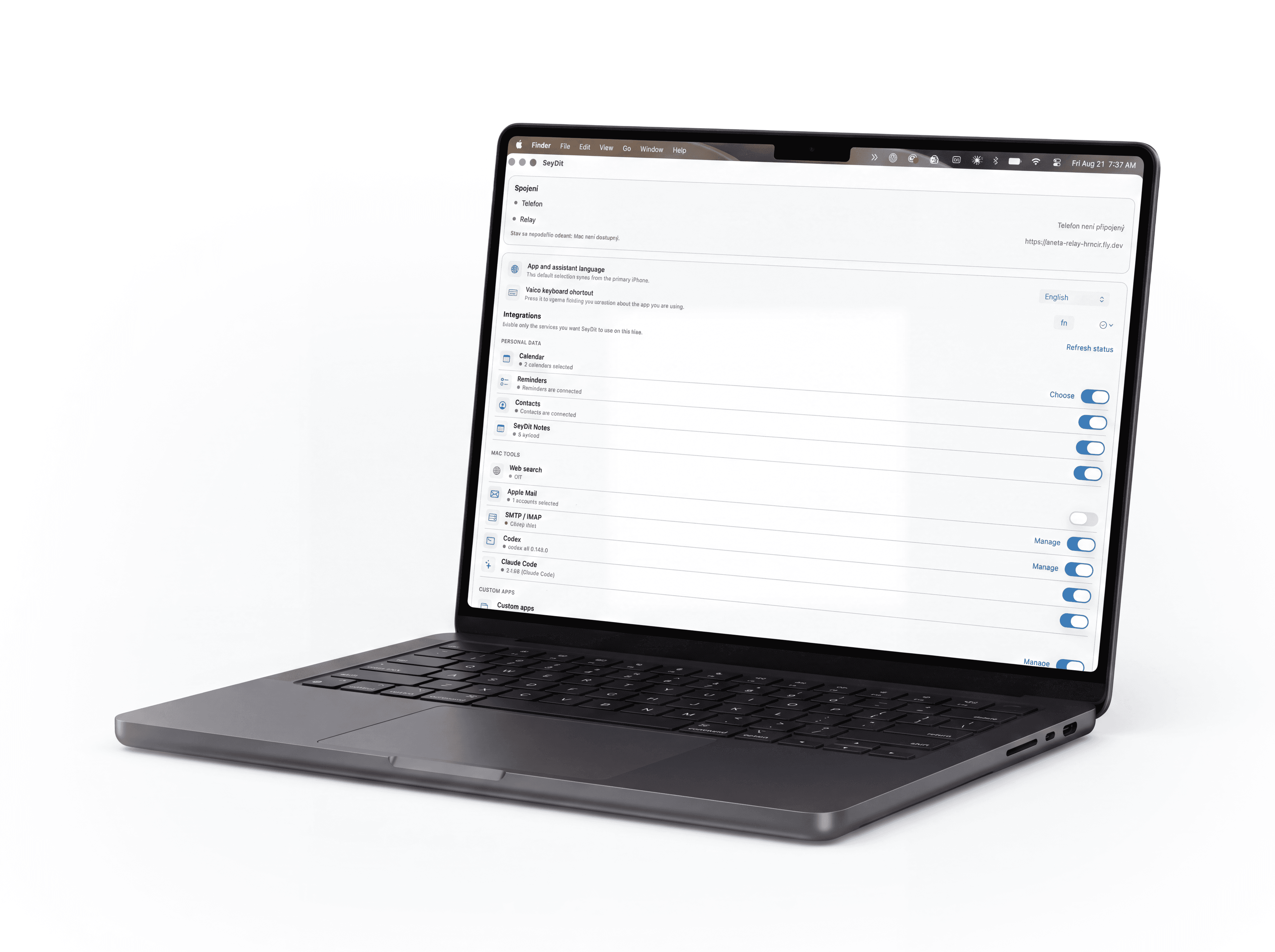 Aplikace SeyDit na MacBooku — přehled propojených služeb a integrací